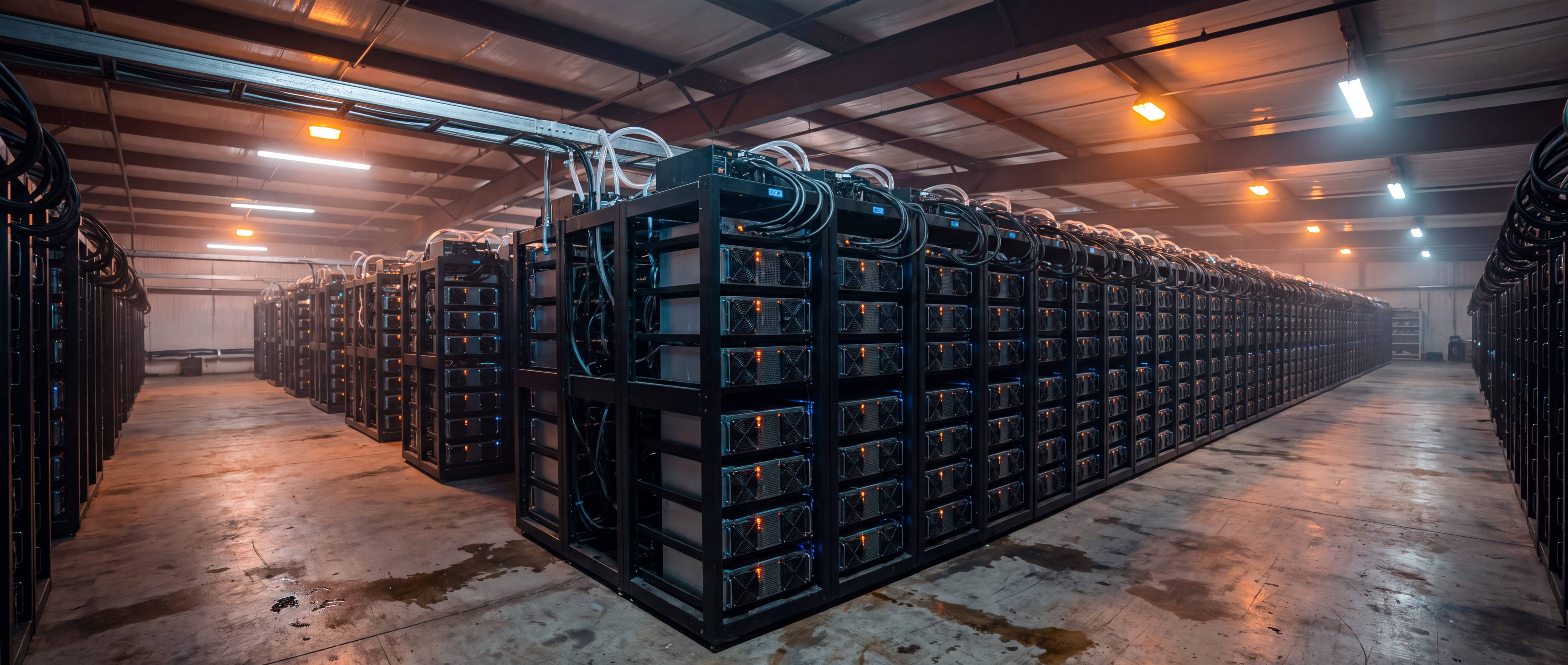 Interior of a HashForgeHQ Bitcoin farm with rows of Antminer S23 Hyd 3U miners